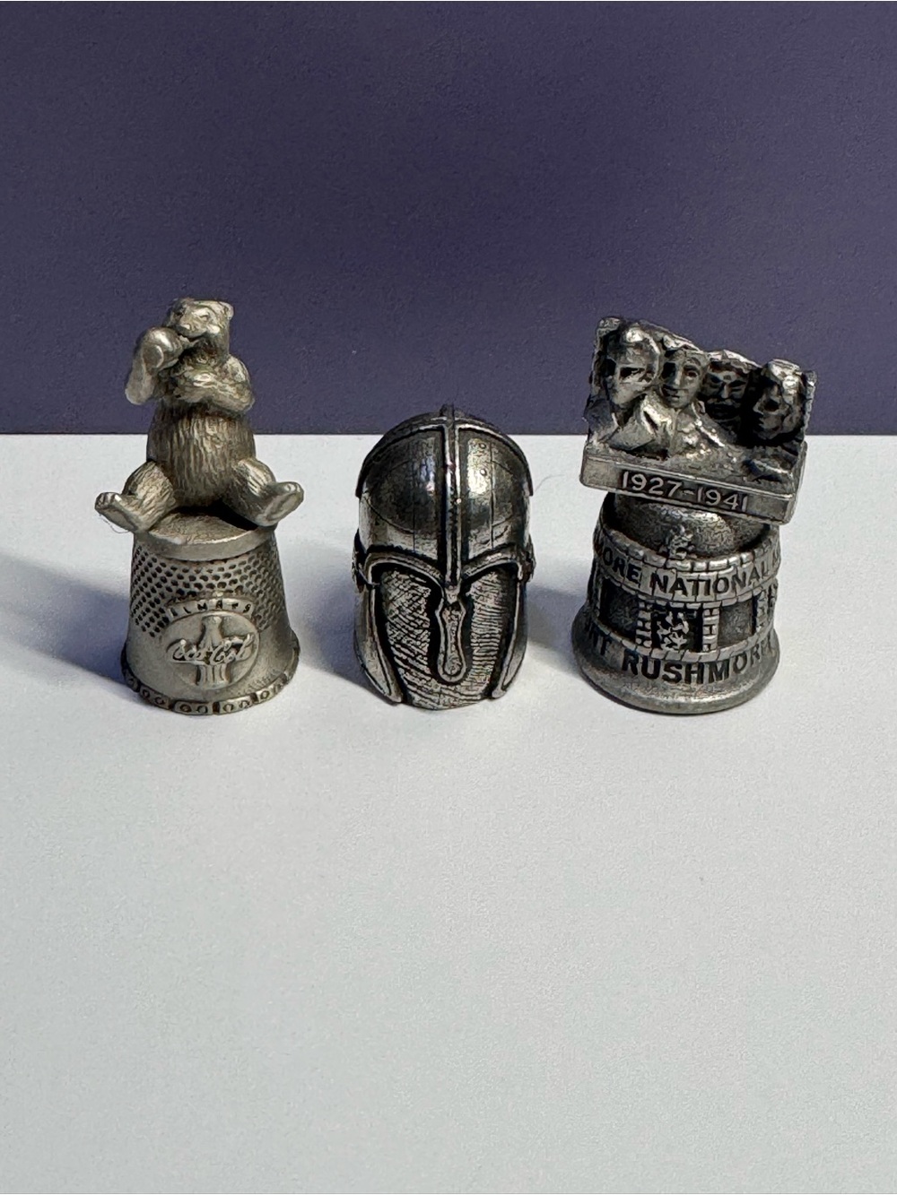 Vintage Thimbles Set of 3 Coca-Cola Bear Mt Rushmore Medieval Knight Helmet